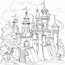 illustrate a fantasy landscape with a majestic castle