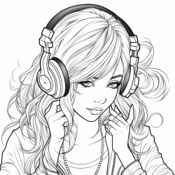 emo girl that has red end of her hair with gaming headphones listening to music on herphone