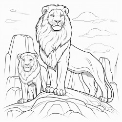 a lion and a lioness standing in a rock