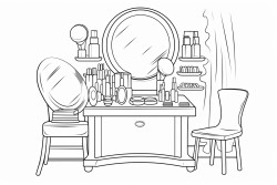 a chic vanity with an elegant mirror surrounded by makeup brushes foundations eyeshadow palettes and lipstick tubes