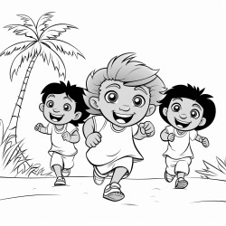 a group of three taino children are playing a game of tag one child has a big smile playfully chases after another the third child giggling climbs a nearby palm tree