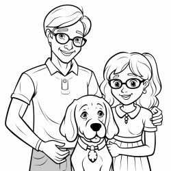 a mom dad and beagle with a five year old girl wearing pigtail braids and glasses