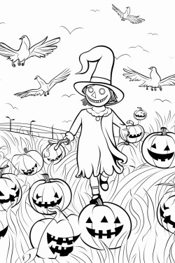 pumpkin patch with orange pumpkins all over a field with a scarecrow in the middle and crows flying away