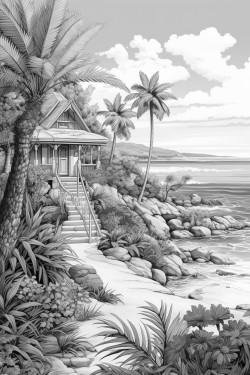 tropical island home with birds and flowers