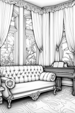 art deco living room tall windows floral curtains
