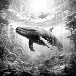 a magical forest with flying whales