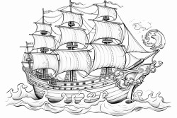 pirate ship on ocean with hourglass symbol