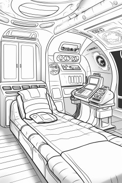 space ship cabin c bed with screens with desk space futuristic detail coloring book