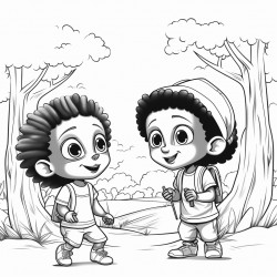 professional sketch drawing of african boy and a girl chlid with friend are watching the trees grow in forest