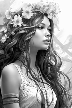 a beautiful boho woman in a zen environment side view