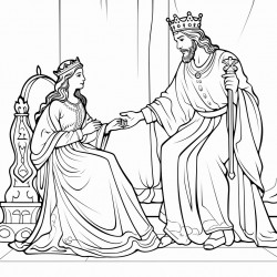 queen kneeling before the king who is sitting on the throne stretching out his sceptre toward esther