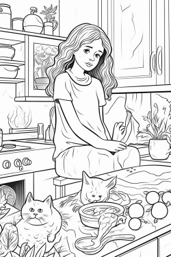  mom  chop vegetables kitchen longhaired girl wiping the counters the cat tried to eat 