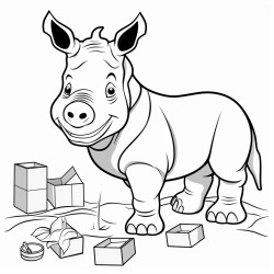 a happy young rhino playing with blocks on a preschool classroom rug