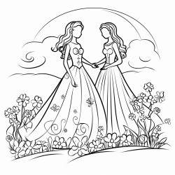 a thin bride and a curvy bride in a field of flowers