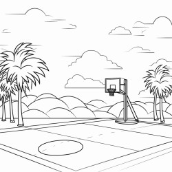 a large cement pad with a basketball court in the background and a grass field to the side