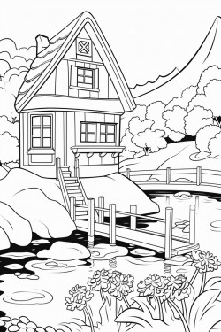 a squirrel switzerland landscape with a quaint stone house surrounded by flowers wooden dock extending into a lake