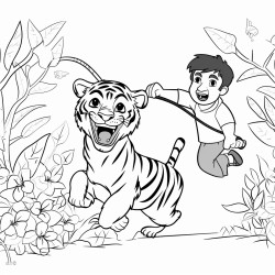 a man swinging on a strawberry vine while being chased by a tiger