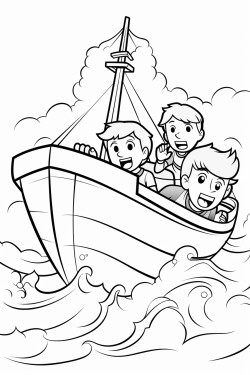 worried boys working in a big boat with a big storm