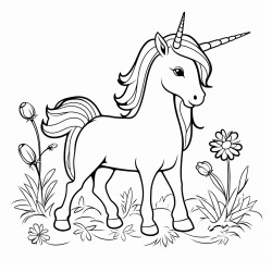 christmas theme a cute unicorn standing with some grass plants and some flowers on ground