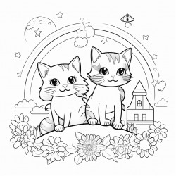 paisaje primveral con gatos y arcoiris
