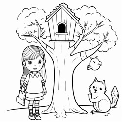 create a color sheet with a girl standing next to a tree with a birdhouse with a squirrel on it