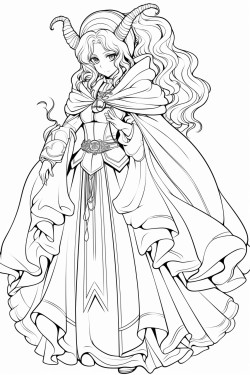 tiefling with hooves anime style with a long dress and a longer robe with a hood long wavy hair