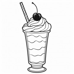 cartoon outlined in black line a milkshake in a tall glass with whipped cream and a cherry on top