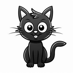 a black cat with big eyes and a mischievous grin