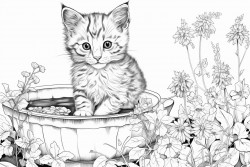 kitten fishing out of birdbath in middle of garden