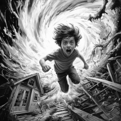 ten year old boy spinning around untill he creates a tornado around him