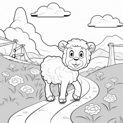 a sheep walking in a pathway outline lineart coloring book 2d cartoon character