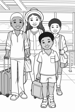 a small african american boy an asian girl and a caucasian girl with luggage in an airport terminal