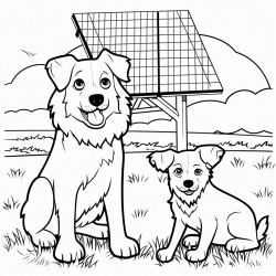 a border collie and a sheep under a solar panel in a field