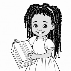african american little girl with cornrows  wearing a dress with fringes at the bottom that is lifting a box s