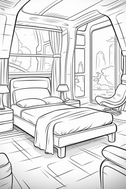 an expensive futuristic hotel room from the future with a bed and windows in space