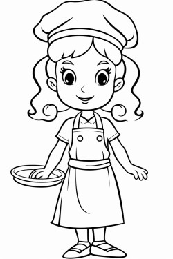 girl in a cooking apron the person coloring should be able to draw in their own personal features hair eyes nose etc