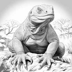 komodo dragon with complicated drawing inside no shadows thick lines