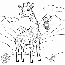 giraffe eating an ice cream cone in front of a mountain