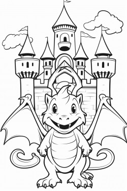 introduction page with a beautiful medieval castle and a friendly dragon welcoming the children