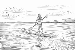 a woman paddle boarding on the sea on a sunny day
