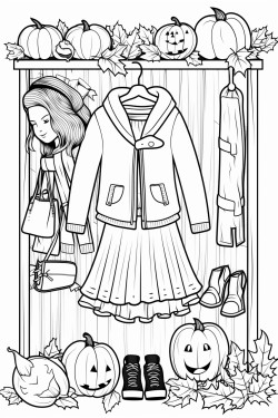 a cute autumn wardrobe  coloring bookvector white background black and white black drawing