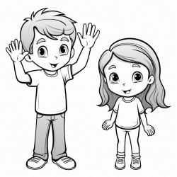 hello two children facing each other one with their hand raised in a wave and the other signing hello using als