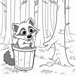 raccon scattering waste bin in the middle of a forest with tress