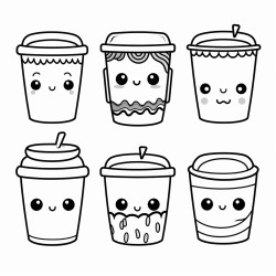 6 takeaway cups with different faces in kawaii styl