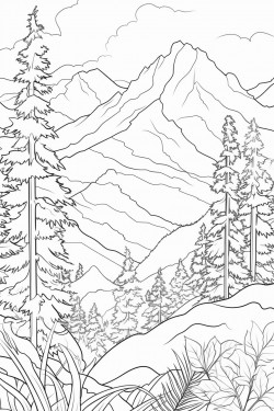 serene mountain landscape with snowcapped peaks and evergreen trees