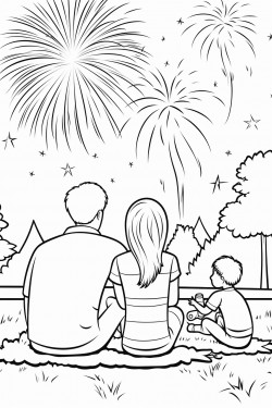 family watching fireworks exploding in the sky while they sit on a blanket in the grass
