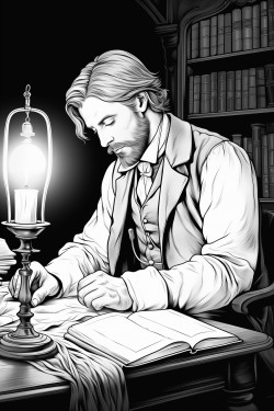 exaggeratedly tired lawyer working at a desk late at night to candlelight