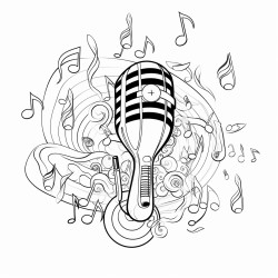 a stylish microphone surrounded by musical notes
