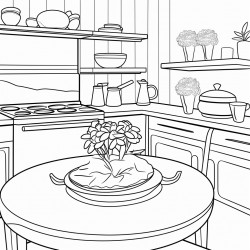 a kitchen with a cake dish on the counter