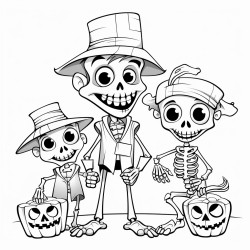 a skeleton frankiestein mummy little spider and little dog cartoon make them young and elementary age